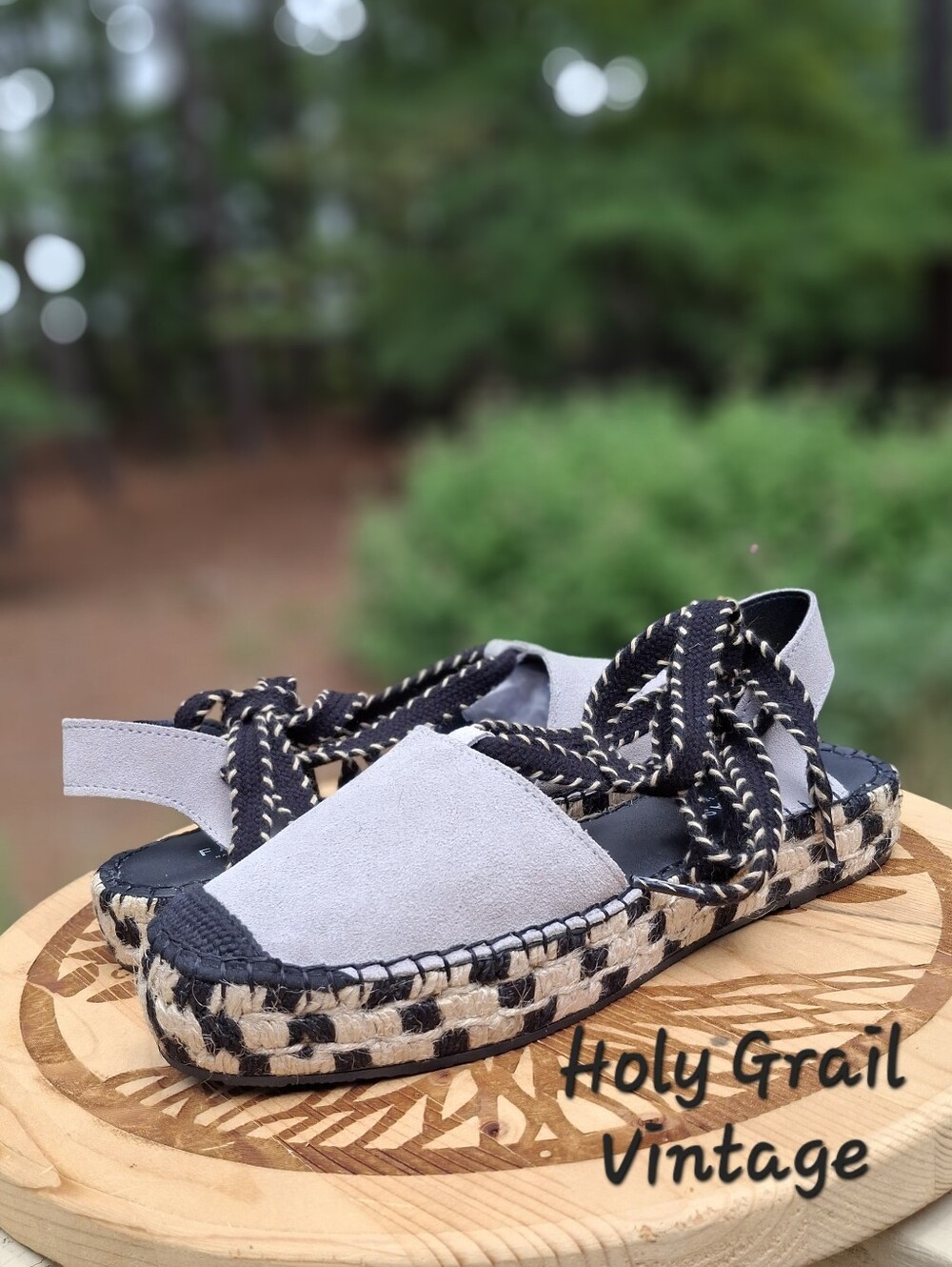 Fabiolas Grey Suede Checkered Lace Up Platform Espadrilles Size 9
